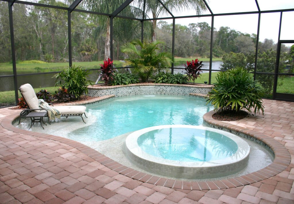 sunny day pool with chair and palm trees blue sky pavers